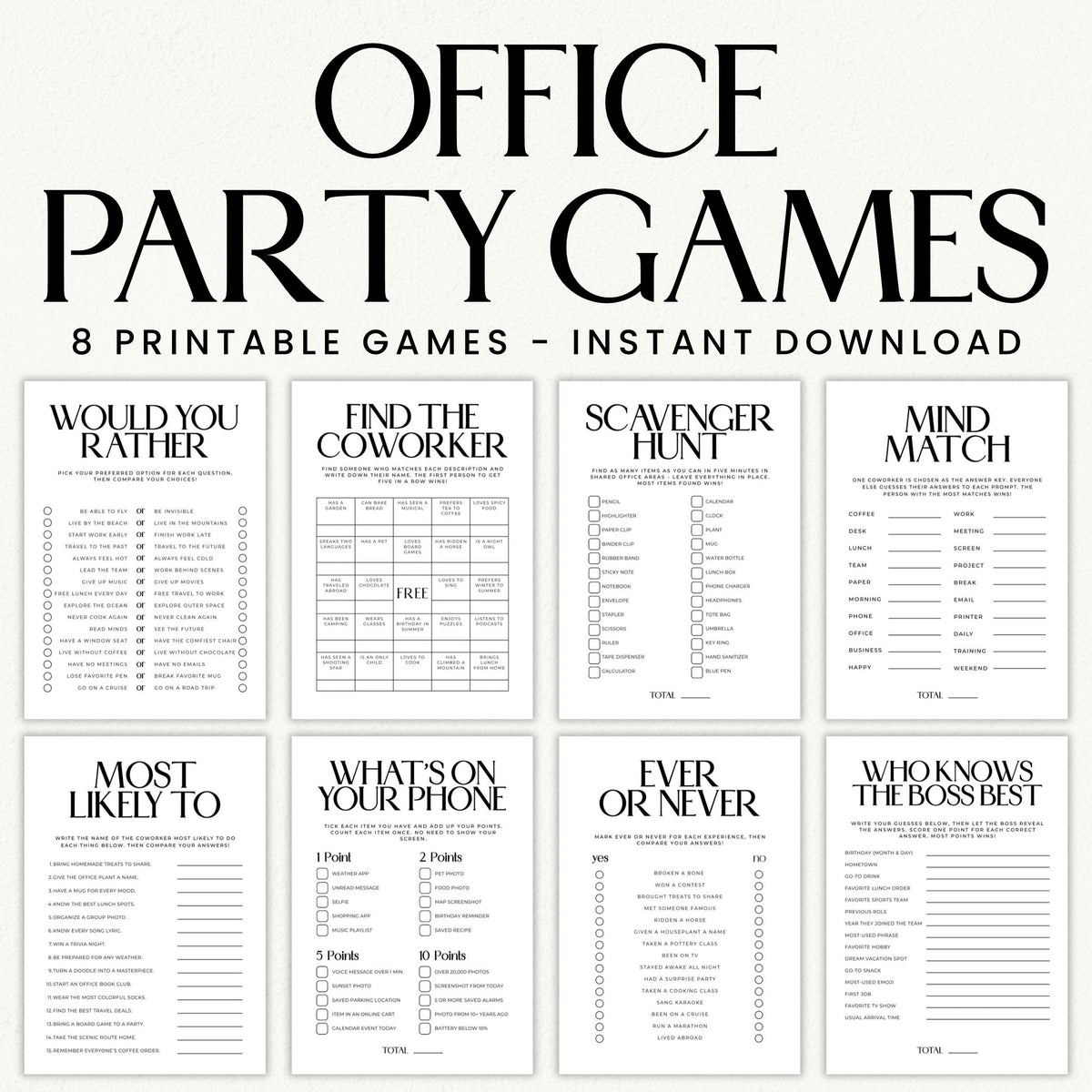 Eight classic printable work party games featuring black-and-white serif designs, including office bingo, scavenger hunt, Mind Match, and Who Knows the Boss Best.