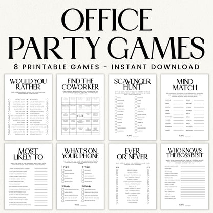 Eight classic printable work party games featuring black-and-white serif designs, including office bingo, scavenger hunt, Mind Match, and Who Knows the Boss Best.