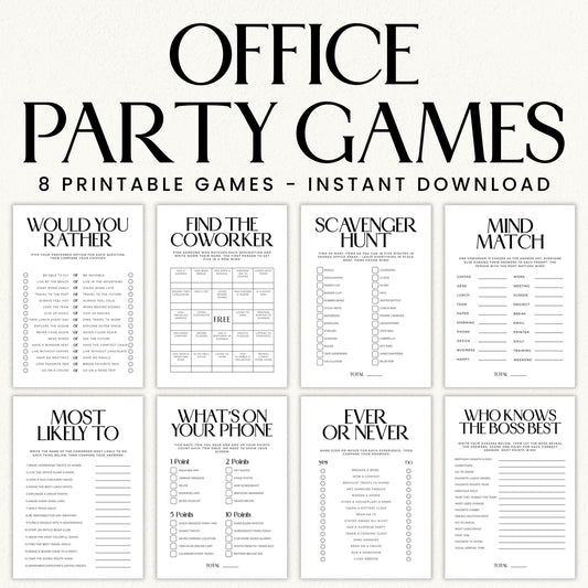 Eight classic printable work party games featuring black-and-white serif designs, including office bingo, scavenger hunt, Mind Match, and Who Knows the Boss Best.