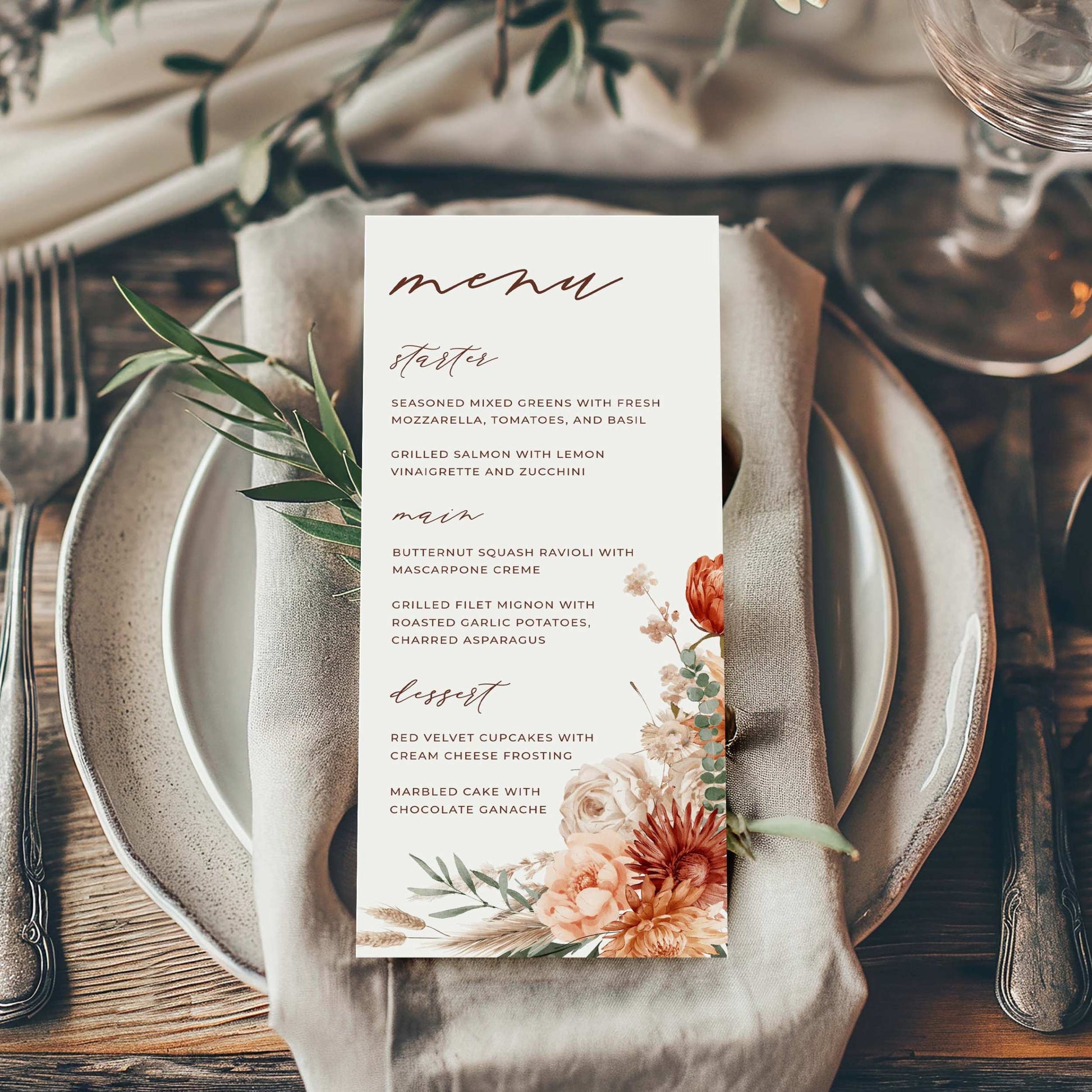 a place setting with a menu card on a plate