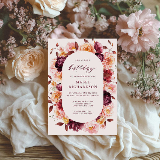 Birthday Invitation - Burgundy Flora