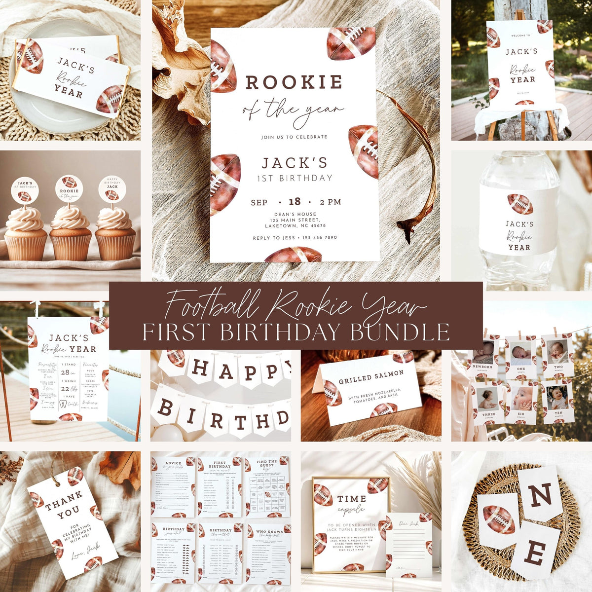 Rookie of the Year football first birthday party bundle featuring vintage watercolor football invitations, welcome sign, milestone board, birthday banners, printable games, cupcake toppers, favor tags, and matching decorations in brown and white.