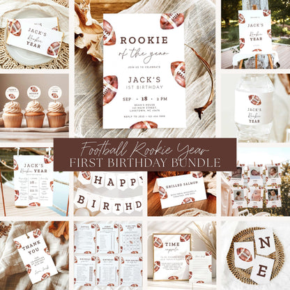 Rookie of the Year football first birthday party bundle featuring vintage watercolor football invitations, welcome sign, milestone board, birthday banners, printable games, cupcake toppers, favor tags, and matching decorations in brown and white.