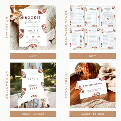 Rookie of the Year football first birthday party bundle featuring vintage watercolor football invitations, welcome sign, milestone board, birthday banners, printable games, cupcake toppers, favor tags, and matching decorations in brown and white.