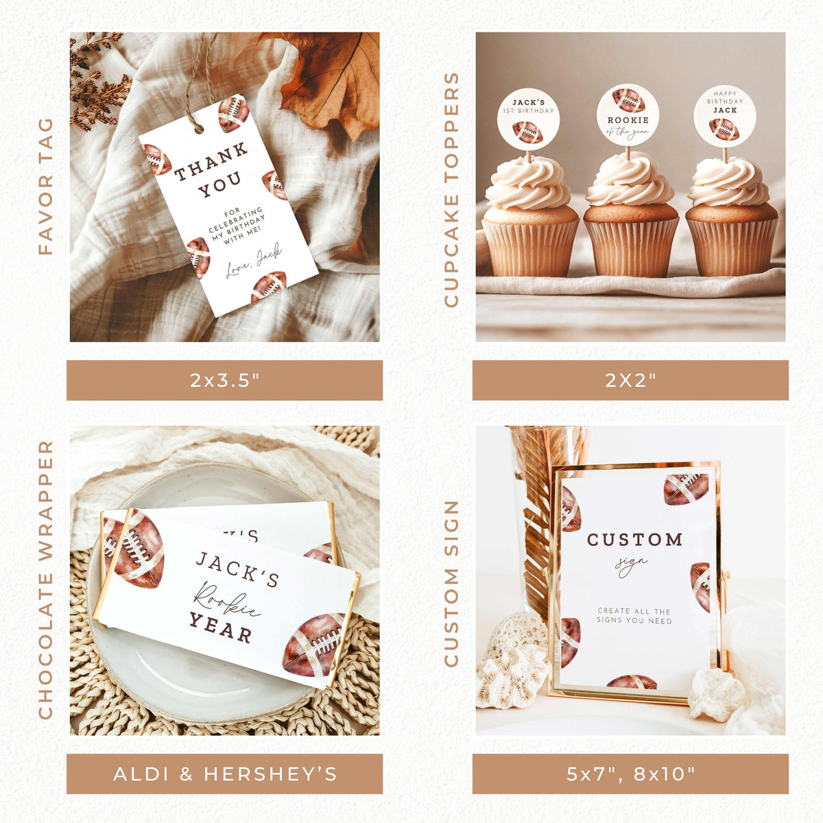 Rookie of the Year football first birthday party bundle featuring vintage watercolor football invitations, welcome sign, milestone board, birthday banners, printable games, cupcake toppers, favor tags, and matching decorations in brown and white.