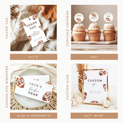 Rookie of the Year football first birthday party bundle featuring vintage watercolor football invitations, welcome sign, milestone board, birthday banners, printable games, cupcake toppers, favor tags, and matching decorations in brown and white.