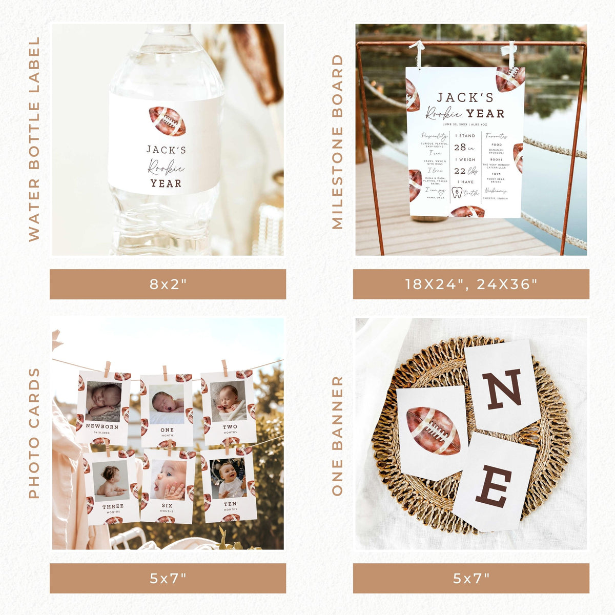 Rookie of the Year football first birthday party bundle featuring vintage watercolor football invitations, welcome sign, milestone board, birthday banners, printable games, cupcake toppers, favor tags, and matching decorations in brown and white.
