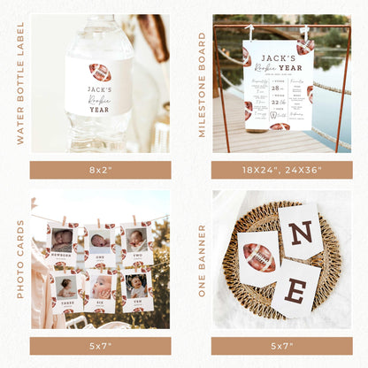 Rookie of the Year football first birthday party bundle featuring vintage watercolor football invitations, welcome sign, milestone board, birthday banners, printable games, cupcake toppers, favor tags, and matching decorations in brown and white.