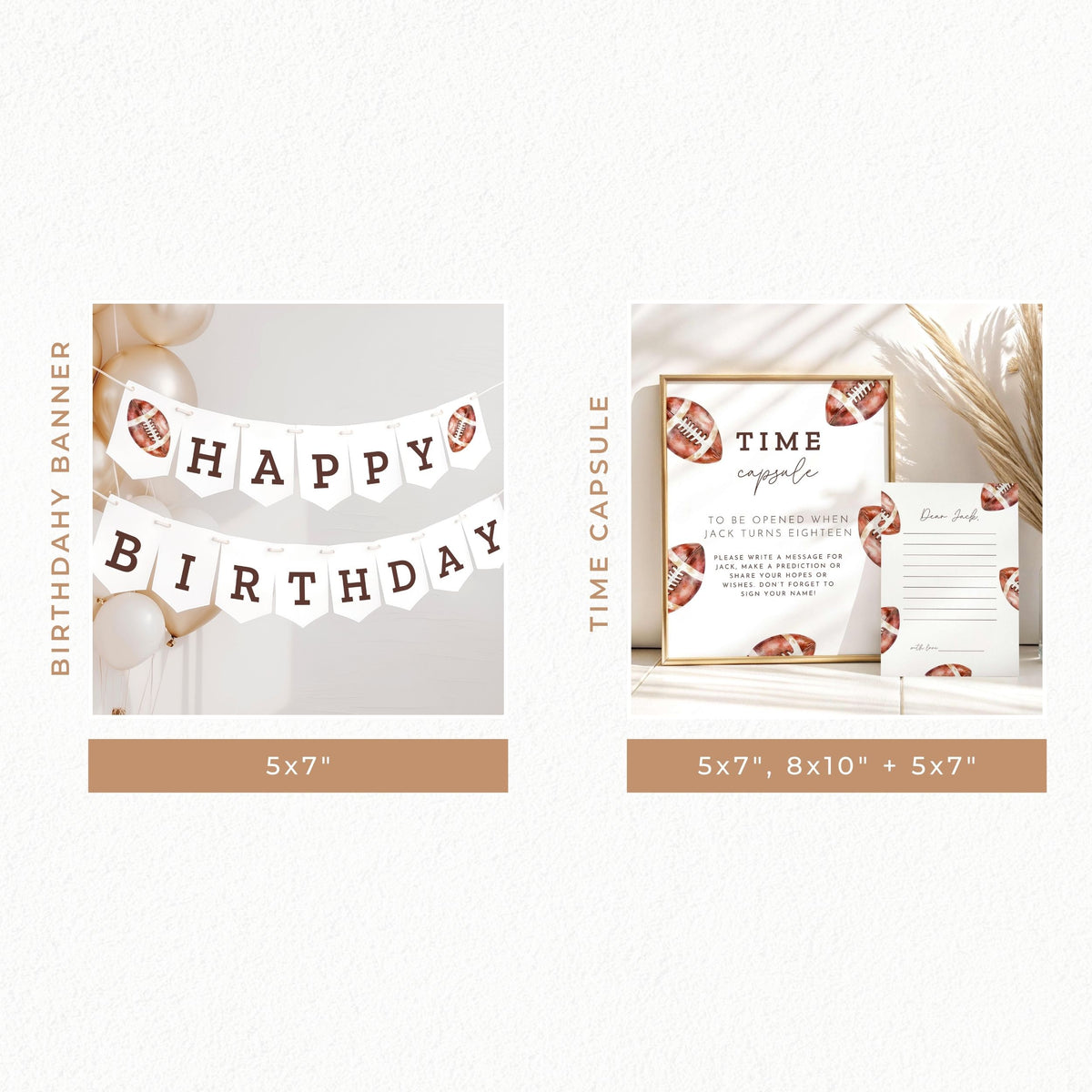 Rookie of the Year football first birthday party bundle featuring vintage watercolor football invitations, welcome sign, milestone board, birthday banners, printable games, cupcake toppers, favor tags, and matching decorations in brown and white.