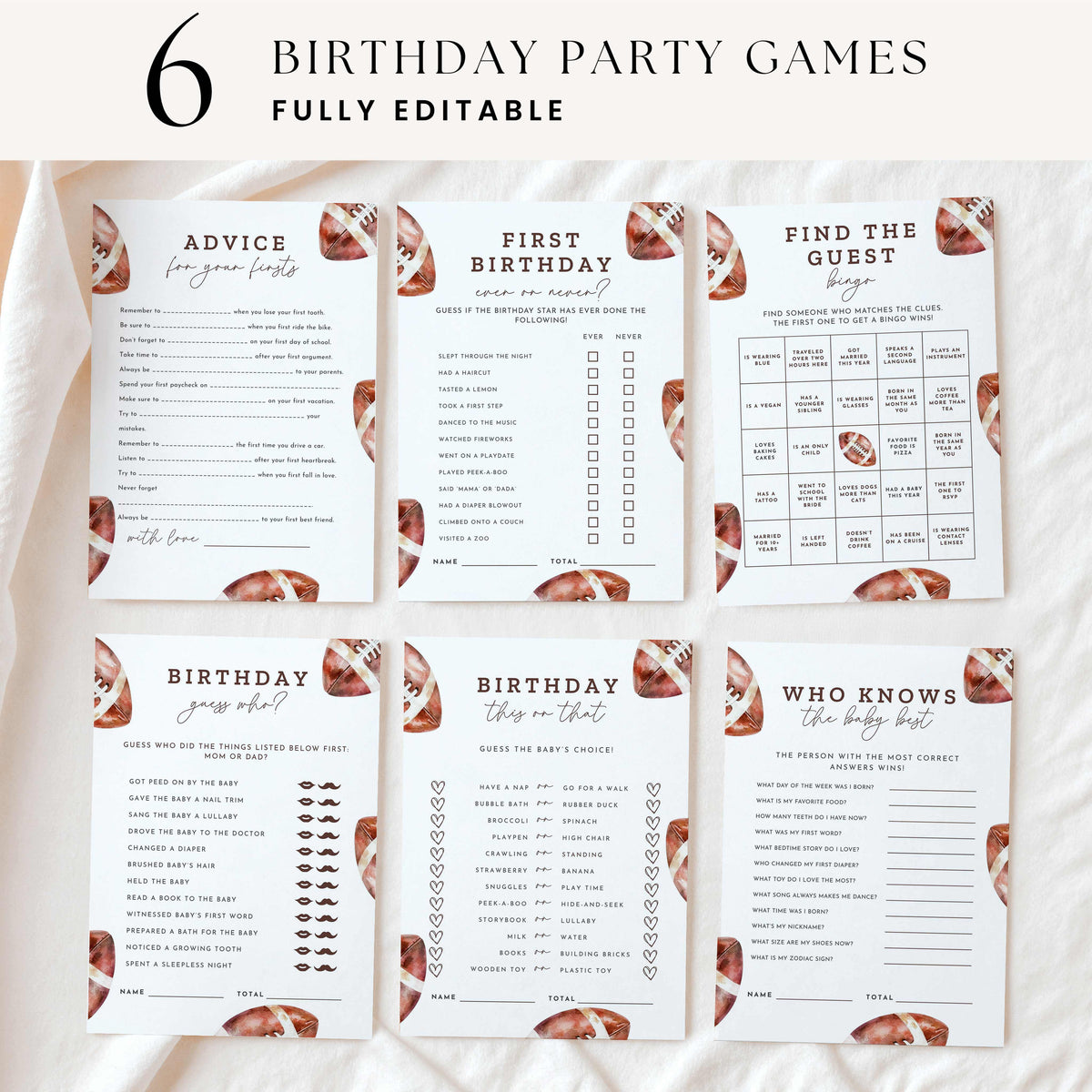 Six printable Rookie of the Year football first birthday games displayed on cream fabric, featuring vintage watercolor footballs, brown lettering, birthday bingo, and guessing games.
