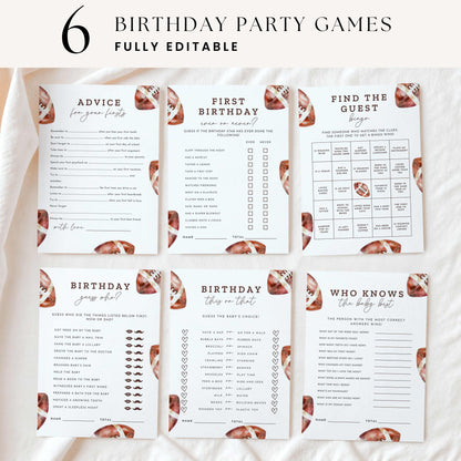 Six printable Rookie of the Year football first birthday games displayed on cream fabric, featuring vintage watercolor footballs, brown lettering, birthday bingo, and guessing games.