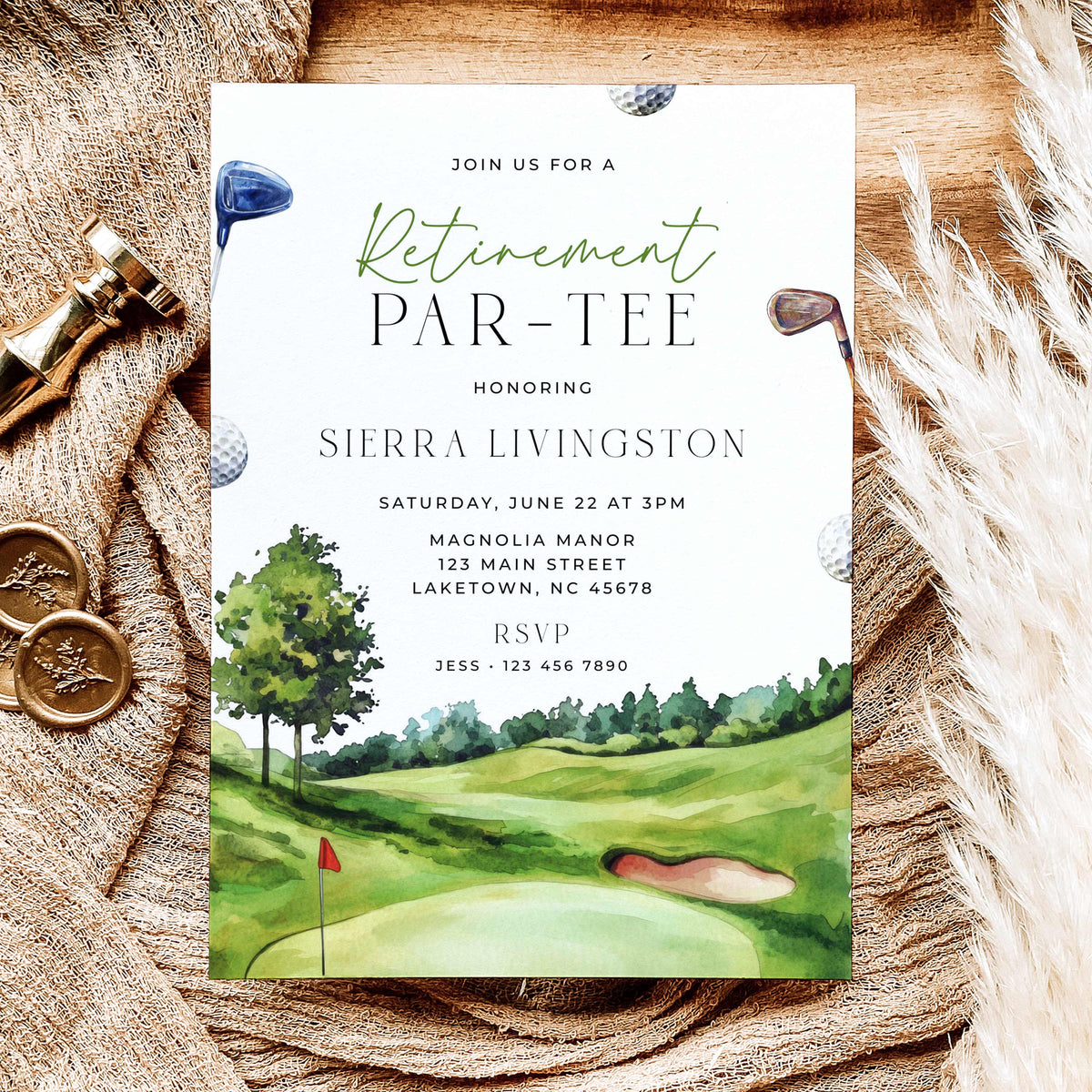 Golf retirement party invitation with watercolor golf course, clubs, golf balls and Retirement Par-Tee wording