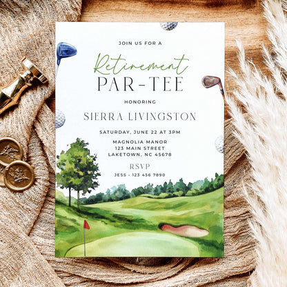 Golf retirement party invitation with watercolor golf course, clubs, golf balls and Retirement Par-Tee wording