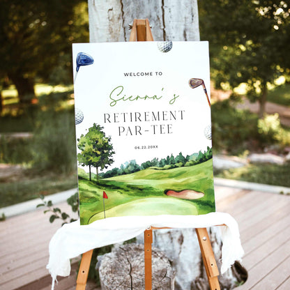 Golf retirement party welcome sign with watercolor golf course, clubs, golf balls and Retirement Par-Tee wording