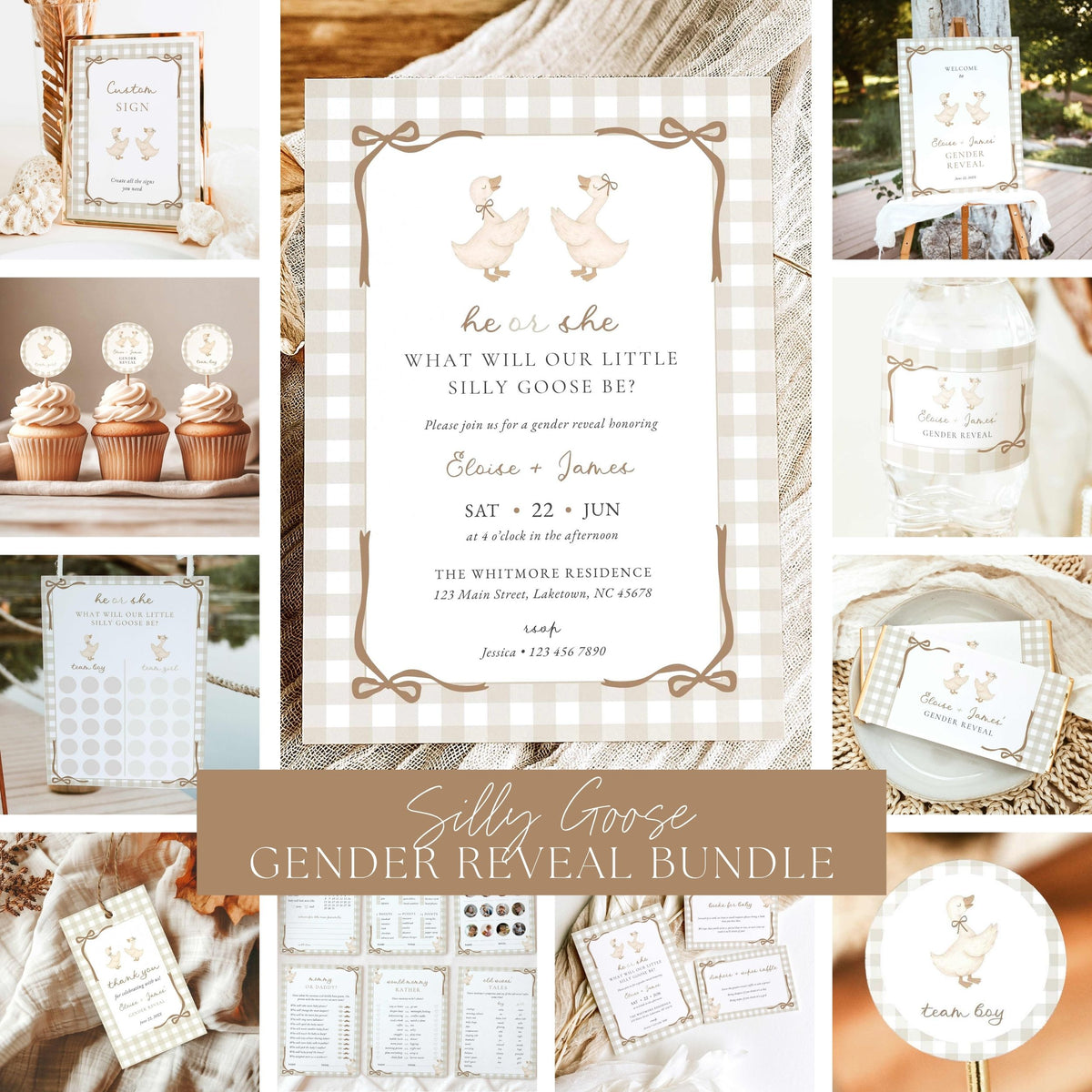 A collage showing a coordinated baby shower gender reveal bundle with gingham and rustic neutral tones. The central item is a invitation card with goose illustrations and text, surrounded by matching cups, plates, signs, cupcakes, and stationery in a coordinated set.