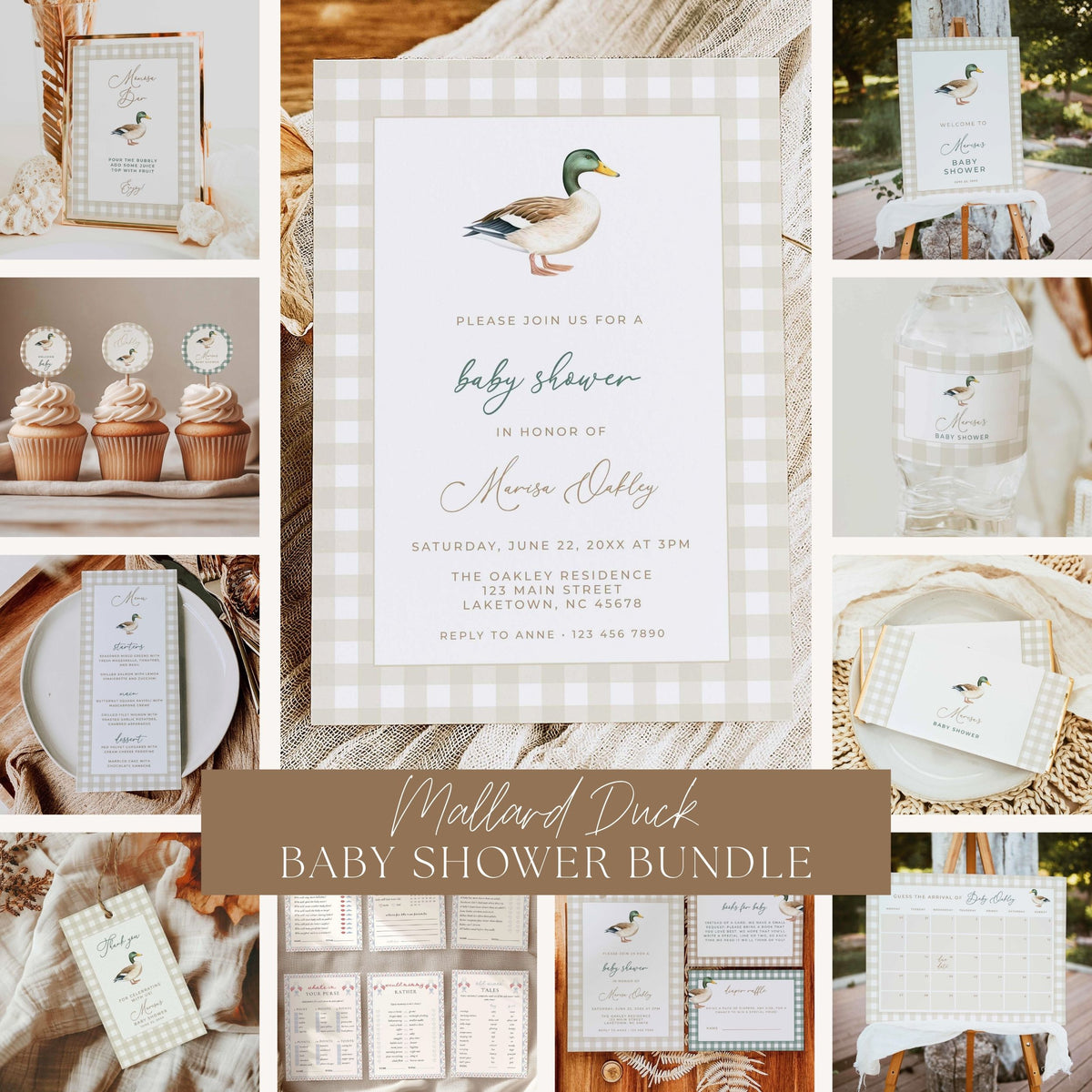 Mallard duck baby shower bundle with watercolor duck illustrations, beige gingham invitations, welcome signs, printable games, cupcake toppers, favor tags and matching decorations.