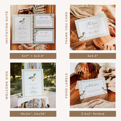 Mallard duck baby shower bundle with watercolor duck illustrations, beige gingham invitations, welcome signs, printable games, cupcake toppers, favor tags and matching decorations.