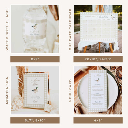 A collage showing four coordinated wedding stationery label designs with gingham checks, script text, and small bird illustrations, each displayed on a different object: a water bottle label, a due date calendar, a momosa sign, and a menu card. The layout includes size labels for each item and vertical text naming the product types.