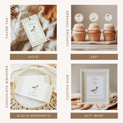 Mallard duck baby shower bundle with watercolor duck illustrations, beige gingham invitations, welcome signs, printable games, cupcake toppers, favor tags and matching decorations.
