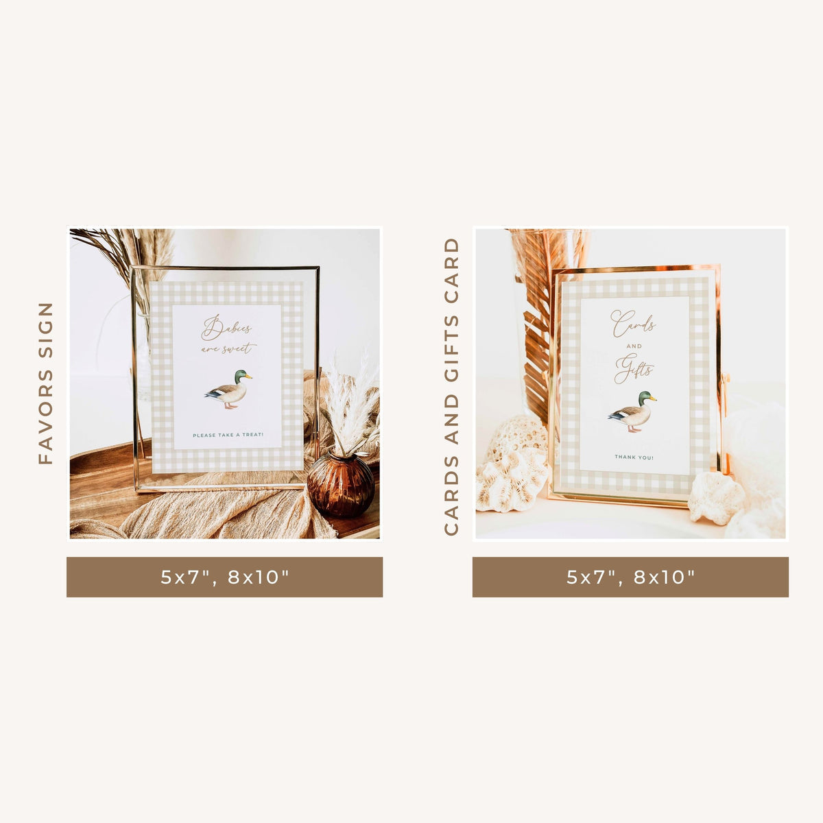 A product comparison graphic showing two framed baby shower sign options: a favors sign on the left and a cards and gifts card on the right. Both feature a gingham check design, a duck illustration, and elegant script text.