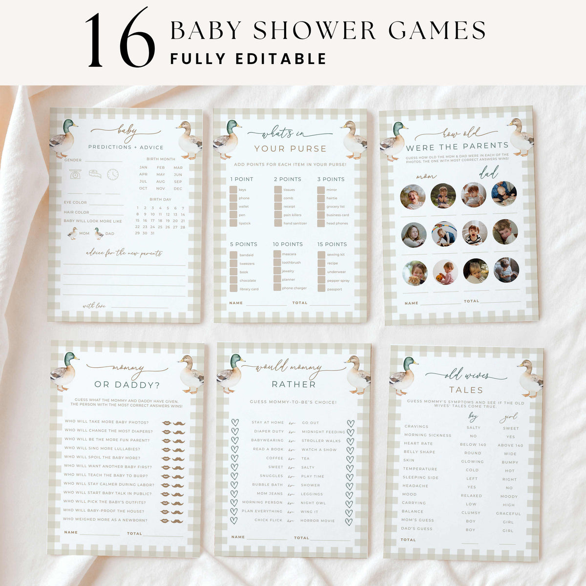 Six printable mallard duck baby shower game cards displayed on cream fabric, featuring watercolor duck illustrations and beige gingham borders, including Mommy or Daddy, What's in Your Purse, and Baby Predictions.