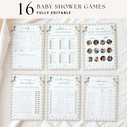 Six printable mallard duck baby shower game cards displayed on cream fabric, featuring watercolor duck illustrations and beige gingham borders, including Mommy or Daddy, What's in Your Purse, and Baby Predictions.
