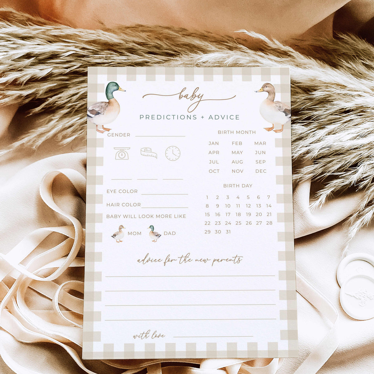 Printable mallard duck baby shower predictions and advice game with watercolor ducks and beige gingham border.