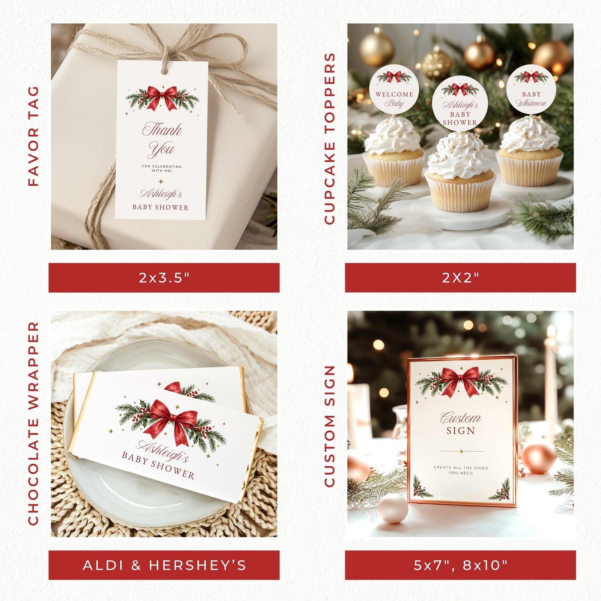 Four holiday-themed party sign templates shown in a 2x2 grid: a favor tag on wrapped gift, cupcake toppers on frosted cupcakes, chocolate wrapper cards, and a custom sign. Each card features a red bow, green holly leaves, and elegant script text.