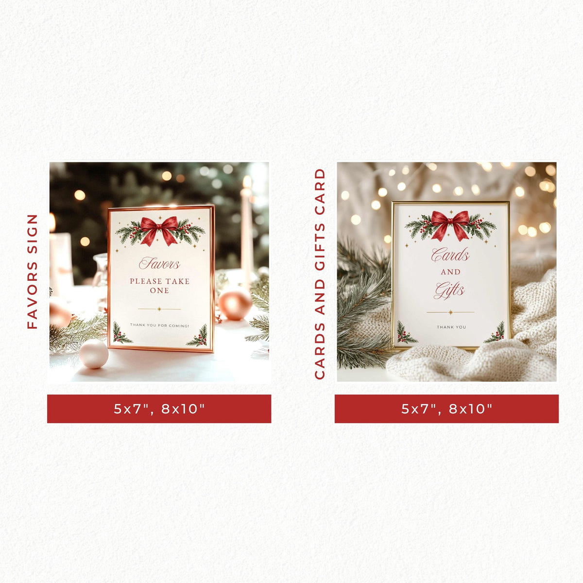 Two Christmas-themed favor sign card designs shown side by side on a light textured background. The left design reads 'Favors Please Take One' with a red bow and green foliage, labeled 'FAVORS SIGN'; the right design reads 'Cards and Gifts' with a red bow and green foliage, labeled 'CARDS AND GIFTS CARD'.