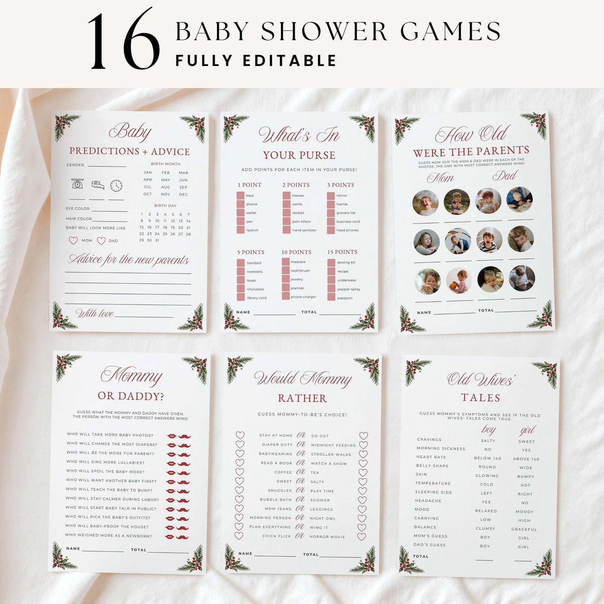 Six printable baby shower game cards arranged on a white fabric background, with large text at the top reading '16 BABY SHOWER GAMES FULLY EDITABLE.' The cards feature floral corner decorations and varied game prompts such as predictions, purse questions, parent photos, age questions, and riddles.