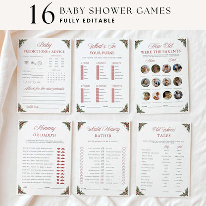 Six printable baby shower game cards arranged on a white fabric background, with large text at the top reading '16 BABY SHOWER GAMES FULLY EDITABLE.' The cards feature floral corner decorations and varied game prompts such as predictions, purse questions, parent photos, age questions, and riddles.