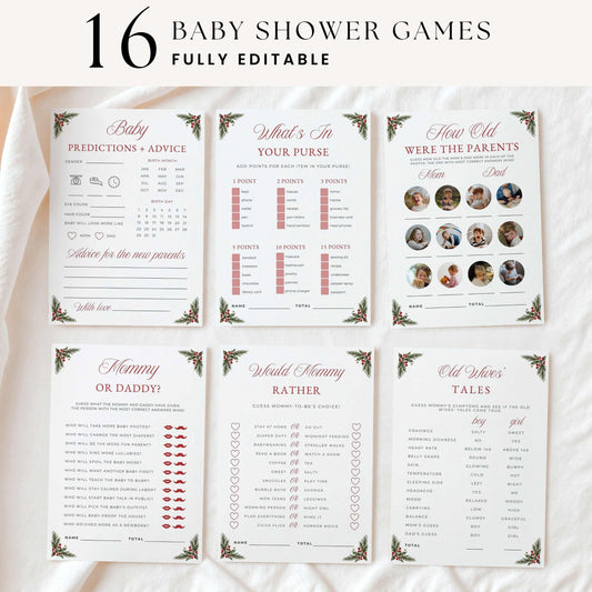 Six printable baby shower game cards arranged on a white fabric background, with large text at the top reading '16 BABY SHOWER GAMES FULLY EDITABLE.' The cards feature floral corner decorations and varied game prompts such as predictions, purse questions, parent photos, age questions, and riddles.