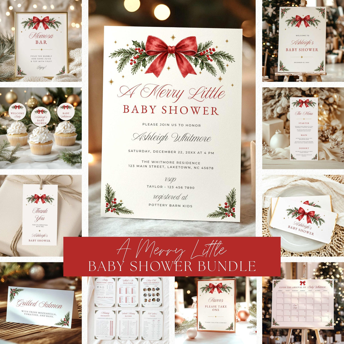 A collage showing a coordinated baby shower bundle with matching printed cards, cupcake toppers, a guest list, a schedule, and gift tags. The central invitation features a large red bow, green pine garland, and red berries on a white background, with a red banner reading 'A Merry Little Baby Shower Bundle.