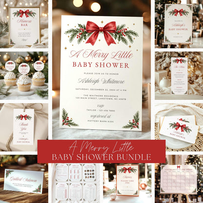 A collage showing a coordinated baby shower bundle with matching printed cards, cupcake toppers, a guest list, a schedule, and gift tags. The central invitation features a large red bow, green pine garland, and red berries on a white background, with a red banner reading 'A Merry Little Baby Shower Bundle.