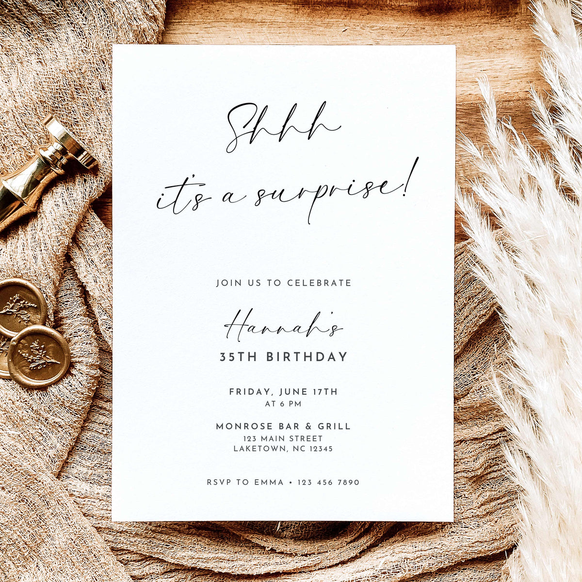 Minimalist surprise 35th birthday invitation featuring black handwritten Shhh It's a Surprise lettering, elegant typography, and party details on a white background.