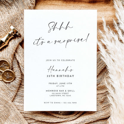 Minimalist surprise 35th birthday invitation featuring black handwritten Shhh It's a Surprise lettering, elegant typography, and party details on a white background.