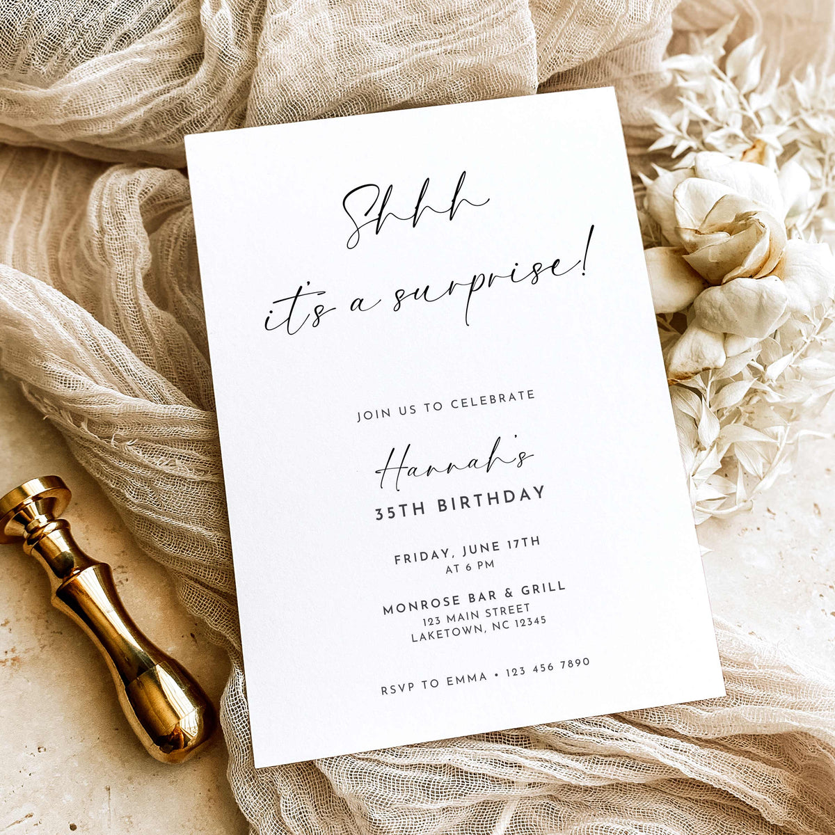 Minimalist surprise 35th birthday invitation featuring black handwritten Shhh It's a Surprise lettering, elegant typography, and party details on a white background.