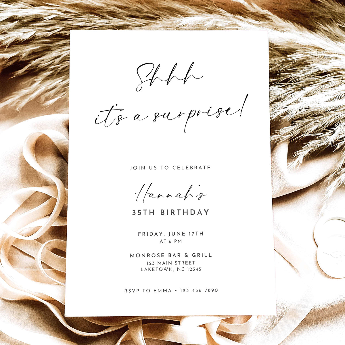 Minimalist surprise 35th birthday invitation featuring black handwritten Shhh It's a Surprise lettering, elegant typography, and party details on a white background.