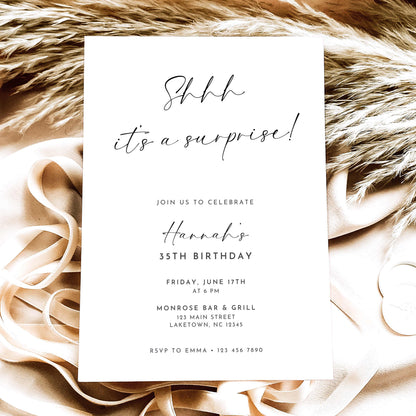 Minimalist surprise 35th birthday invitation featuring black handwritten Shhh It's a Surprise lettering, elegant typography, and party details on a white background.