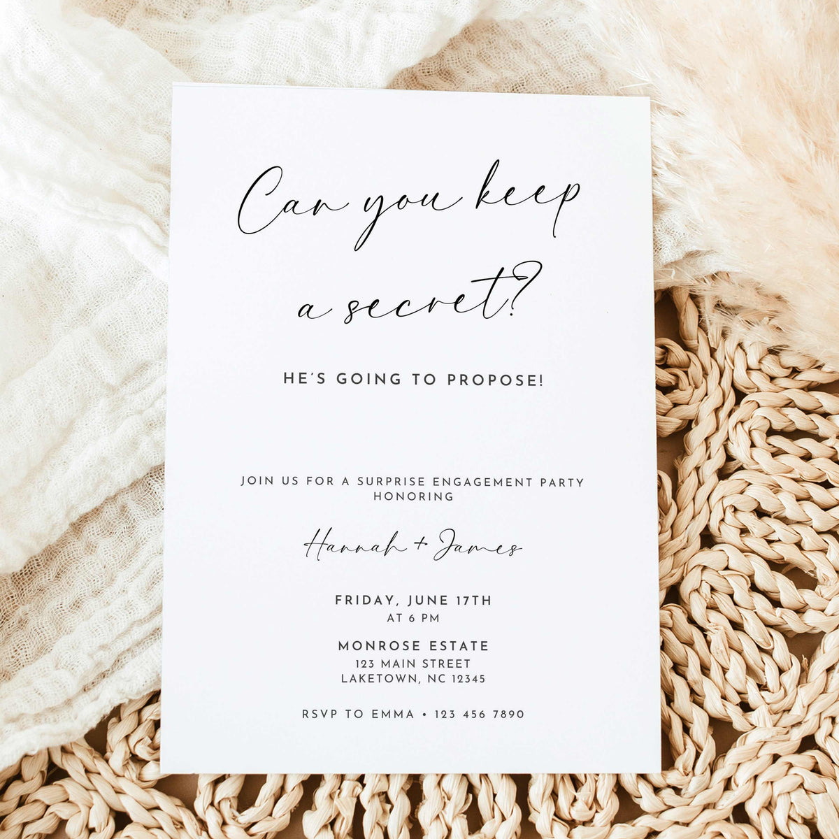 Minimalist surprise engagement party invitation featuring Can You Keep a Secret handwritten calligraphy, He's Going to Propose wording, and elegant black typography on white.
