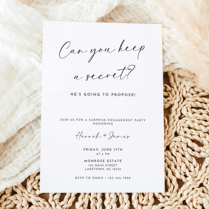 Minimalist surprise engagement party invitation featuring Can You Keep a Secret handwritten calligraphy, He's Going to Propose wording, and elegant black typography on white.