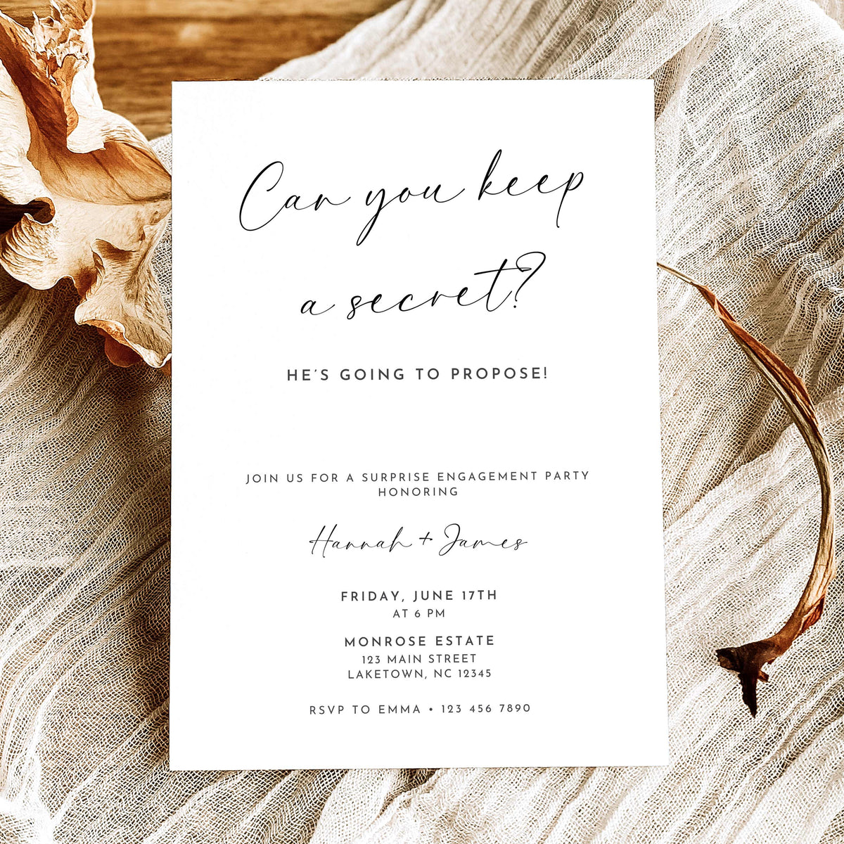 Minimalist surprise engagement party invitation featuring Can You Keep a Secret handwritten calligraphy, He's Going to Propose wording, and elegant black typography on white.