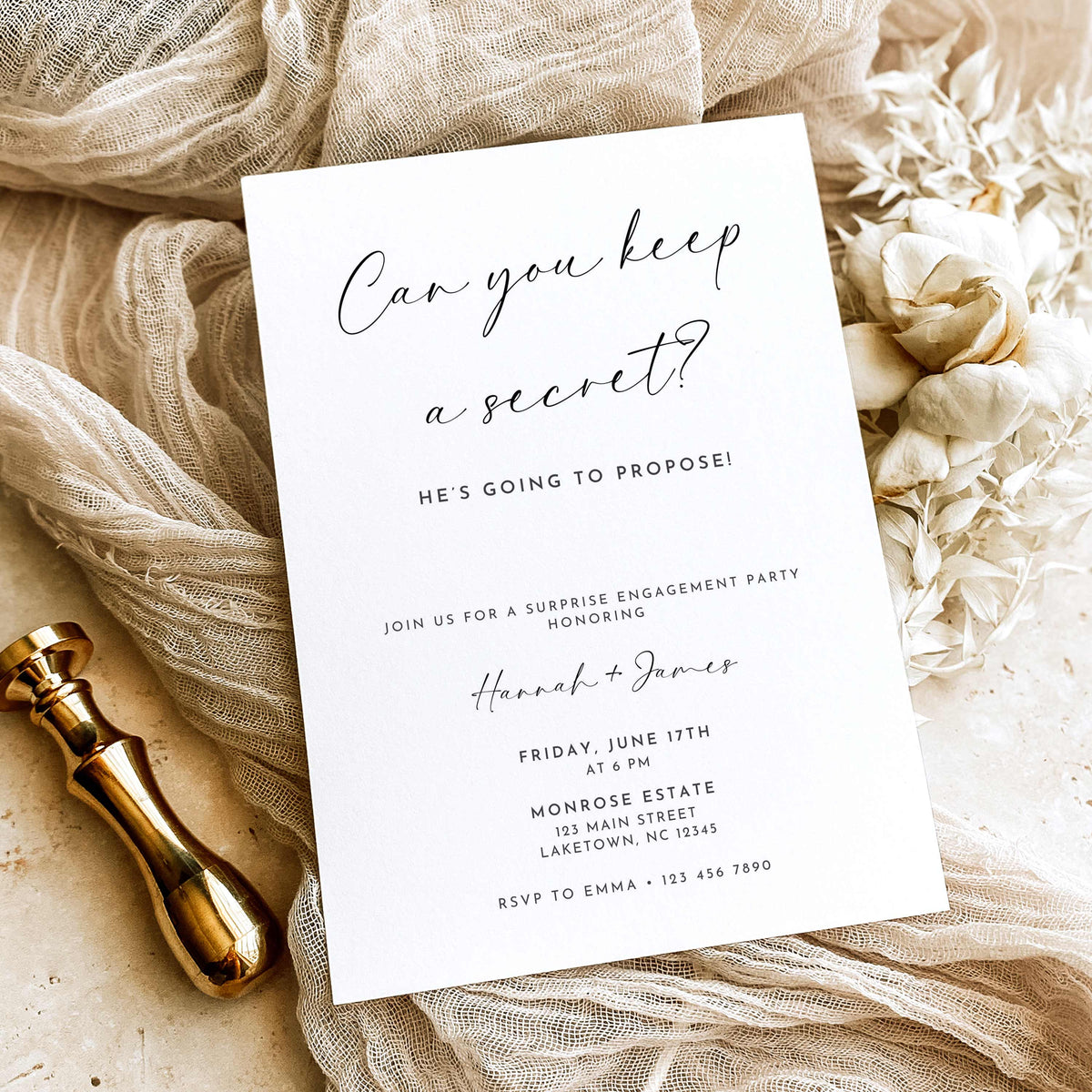 Minimalist surprise engagement party invitation featuring Can You Keep a Secret handwritten calligraphy, He's Going to Propose wording, and elegant black typography on white.