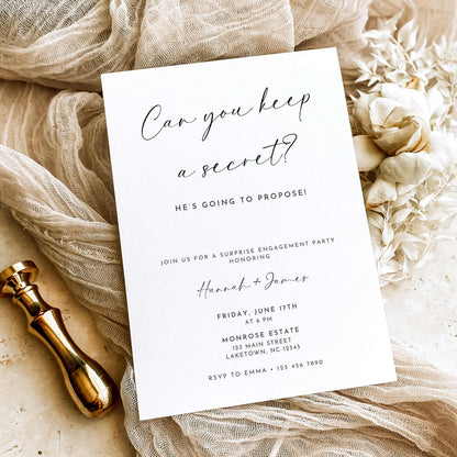 Minimalist surprise engagement party invitation featuring Can You Keep a Secret handwritten calligraphy, He's Going to Propose wording, and elegant black typography on white.