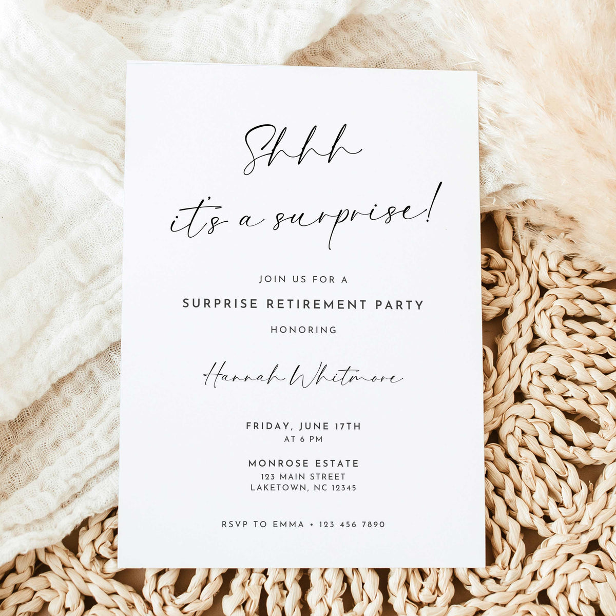 Black and white surprise retirement party invitation featuring elegant Shhh It's a Surprise calligraphy, minimalist typography, and personalized retirement celebration details.