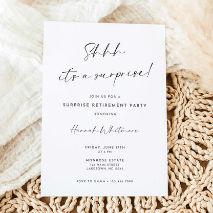 Black and white surprise retirement party invitation featuring elegant Shhh It's a Surprise calligraphy, minimalist typography, and personalized retirement celebration details.