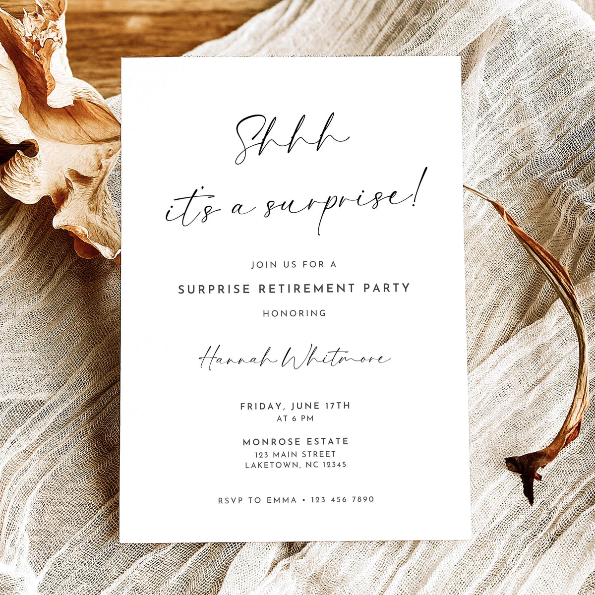 Black and white surprise retirement party invitation featuring elegant Shhh It's a Surprise calligraphy, minimalist typography, and personalized retirement celebration details.
