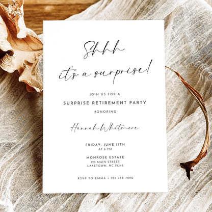 Black and white surprise retirement party invitation featuring elegant Shhh It's a Surprise calligraphy, minimalist typography, and personalized retirement celebration details.