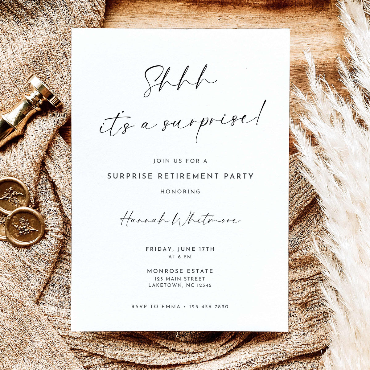 Black and white surprise retirement party invitation featuring elegant Shhh It's a Surprise calligraphy, minimalist typography, and personalized retirement celebration details.
