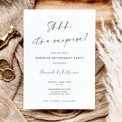 Black and white surprise retirement party invitation featuring elegant Shhh It's a Surprise calligraphy, minimalist typography, and personalized retirement celebration details.